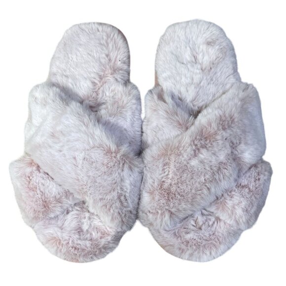 Women's Fuzzy Pink Top Cross Slipper House Faux Fur Size 7 Slip on - Picture 2 of 7